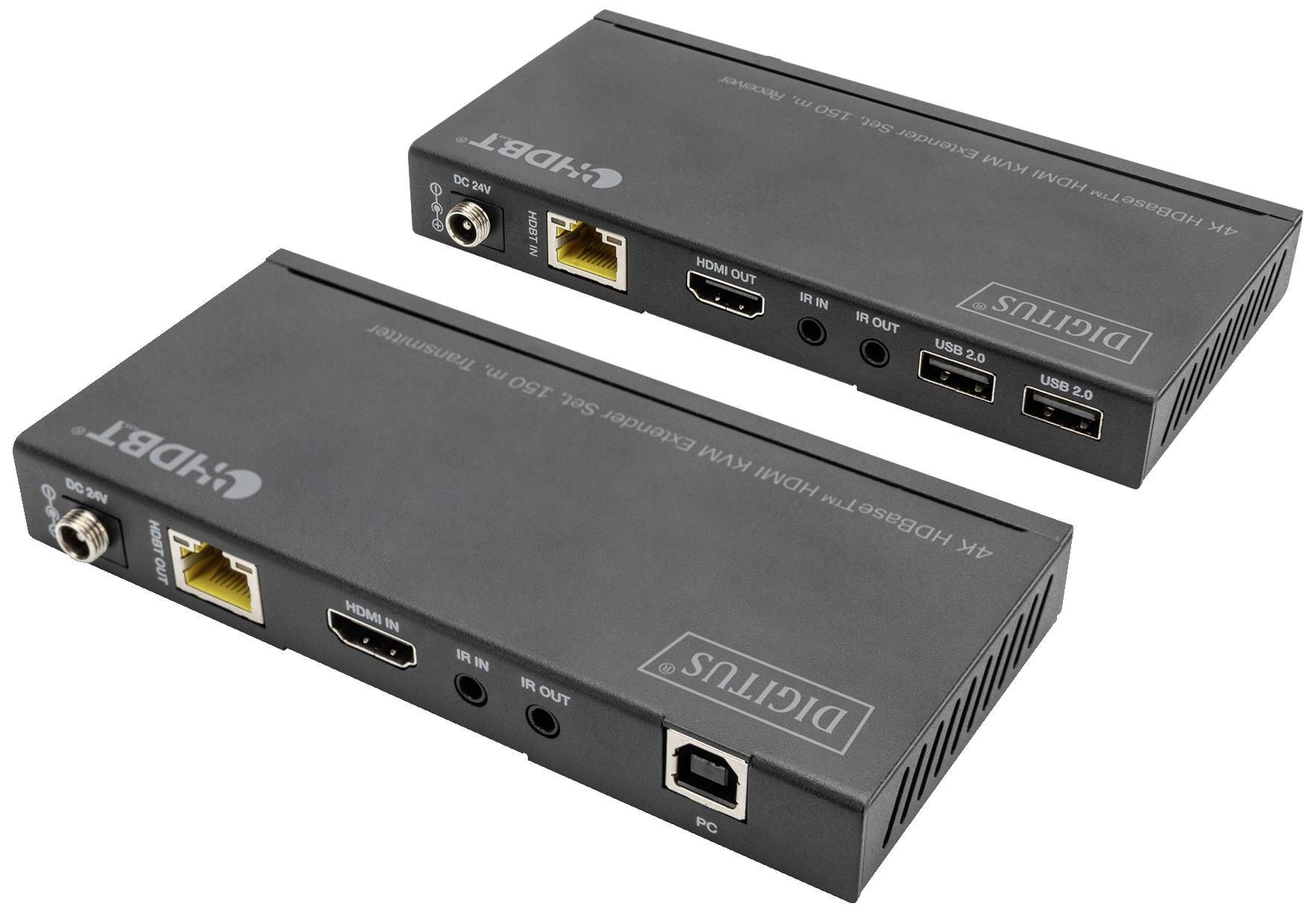 Dva črna HDMI-podaljška z priključki za Ethernet, HDMI, USB in napajalni kabel. Naprave za prenos signala na večje razdalje.