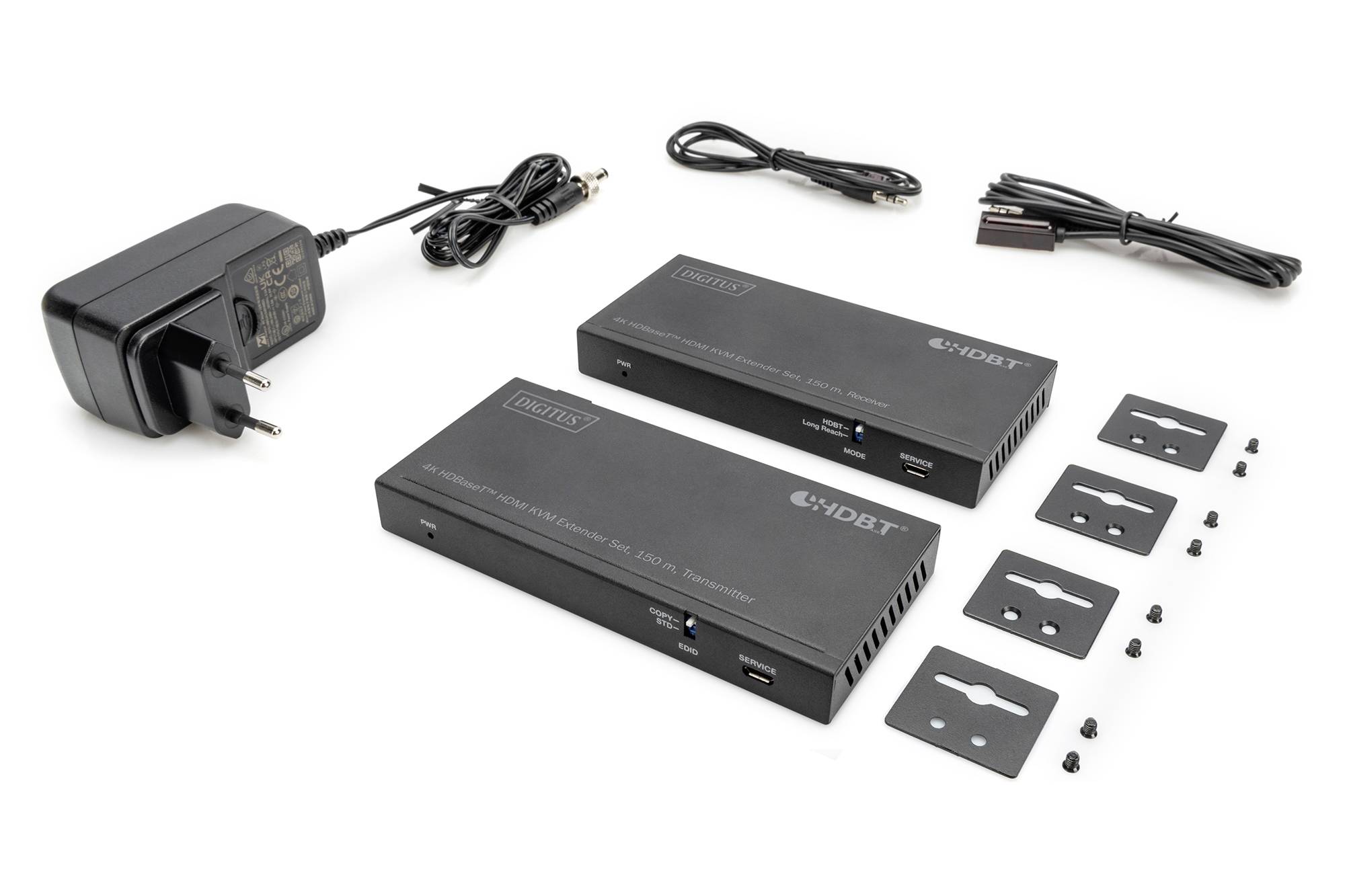 Komplet HDMI oddajnika in sprejemnika z napajalnikom, kabli in priborom za montažo. Primeren za prenos video podatkov.