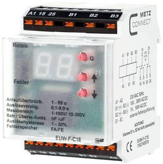 Rele z digitalno prikazovalnikom in več priključnimi sponkami, primeren za napetosti od 24-230 V AC/DC, z indikatorjem napake.
