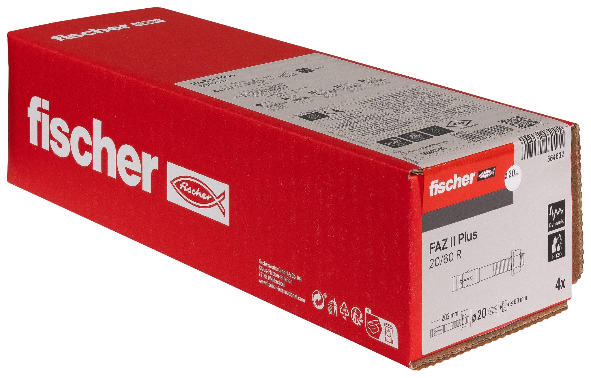 Rdeča škatla Fischer z sidranimi vijaki FAZ II Plus, na sprednji strani označena z napisi »fischer« in »FAZ II Plus 20/60 R«.