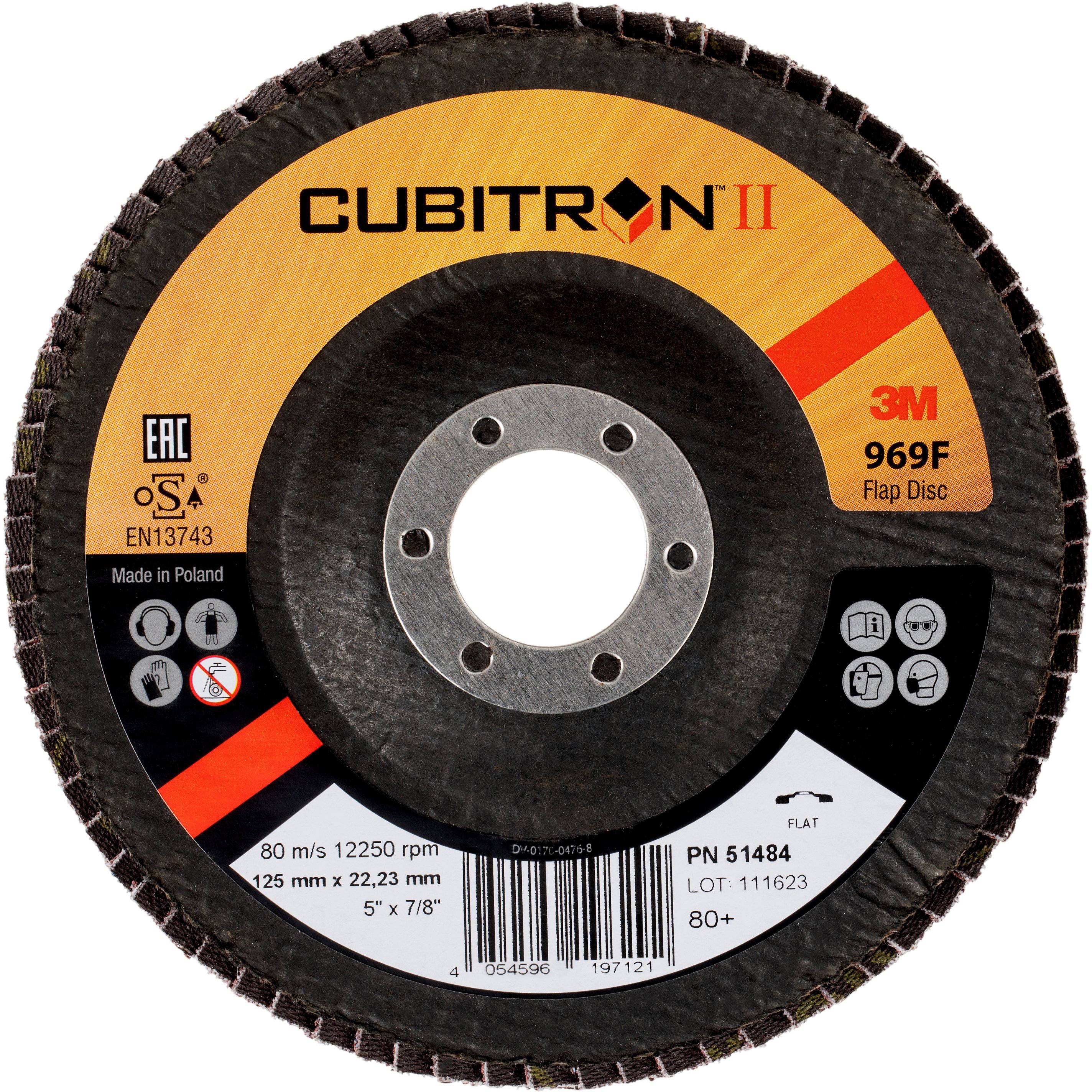 Orodje: 3M Cubitron II lamelni disk, model 969F. Hitrost: 80 m/s, 12250 obratov/min. Mere: 125 mm x 22,23 mm.