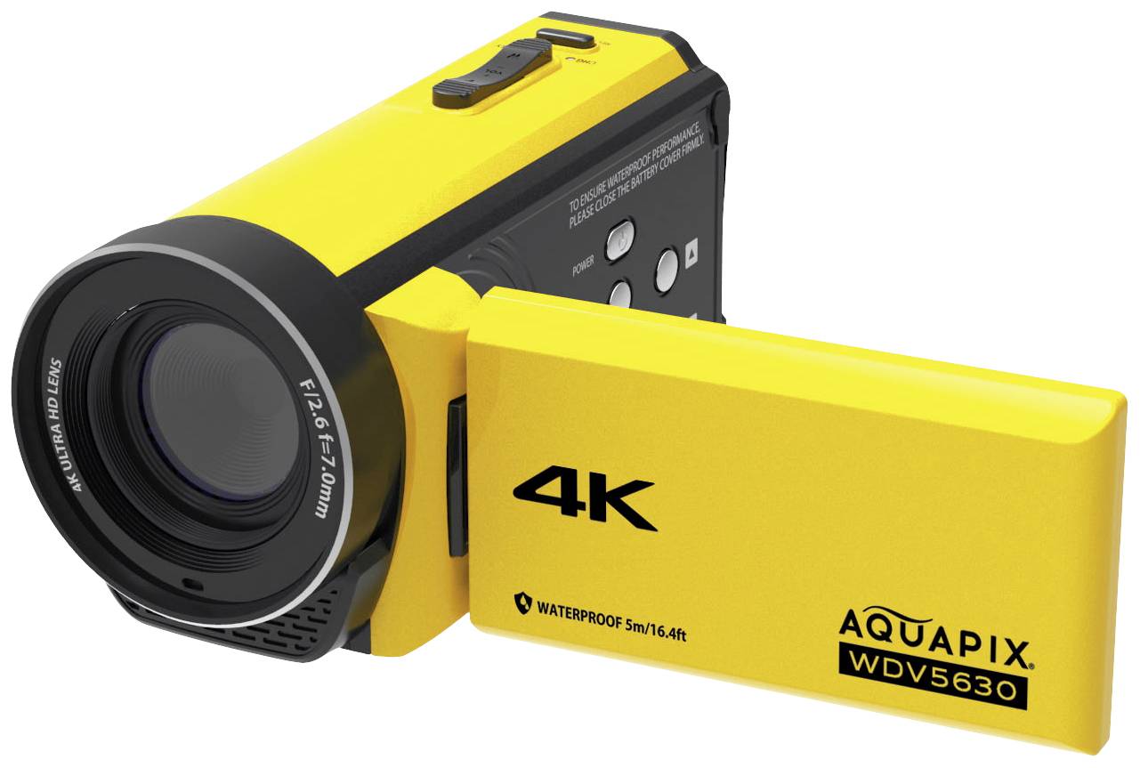 Rumena 4K videokamera znamke 'Aquapix WDV5630' z zložljivim zaslonom, vodotesna do globine 5 m, objektiv F1:2.6-7.0 mm.