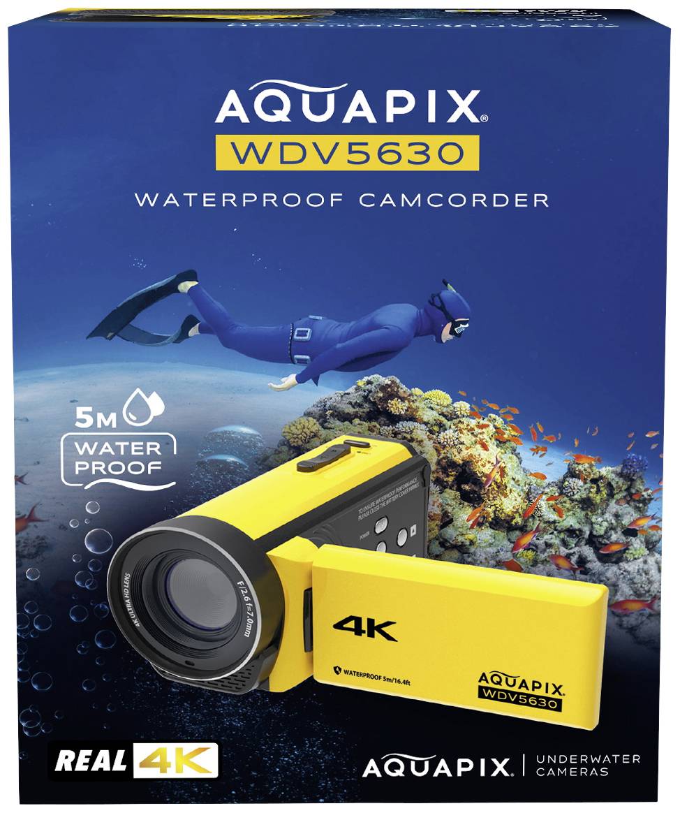 Videorekorderja embalaža z rumeno kamero in potapljačem v ozadju. Besedilo na škatli: 'AQUAPIX WDV5630', 'VODOODPORNA VIDEOKAMERA'.