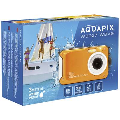 Aquapix W3027 Wave vodoodporna kamera s 5MP senzorjem, 30m digitalnim zoomom, 2,7" zaslonom. Slika na embalaži prikazuje plavalca in čoln.