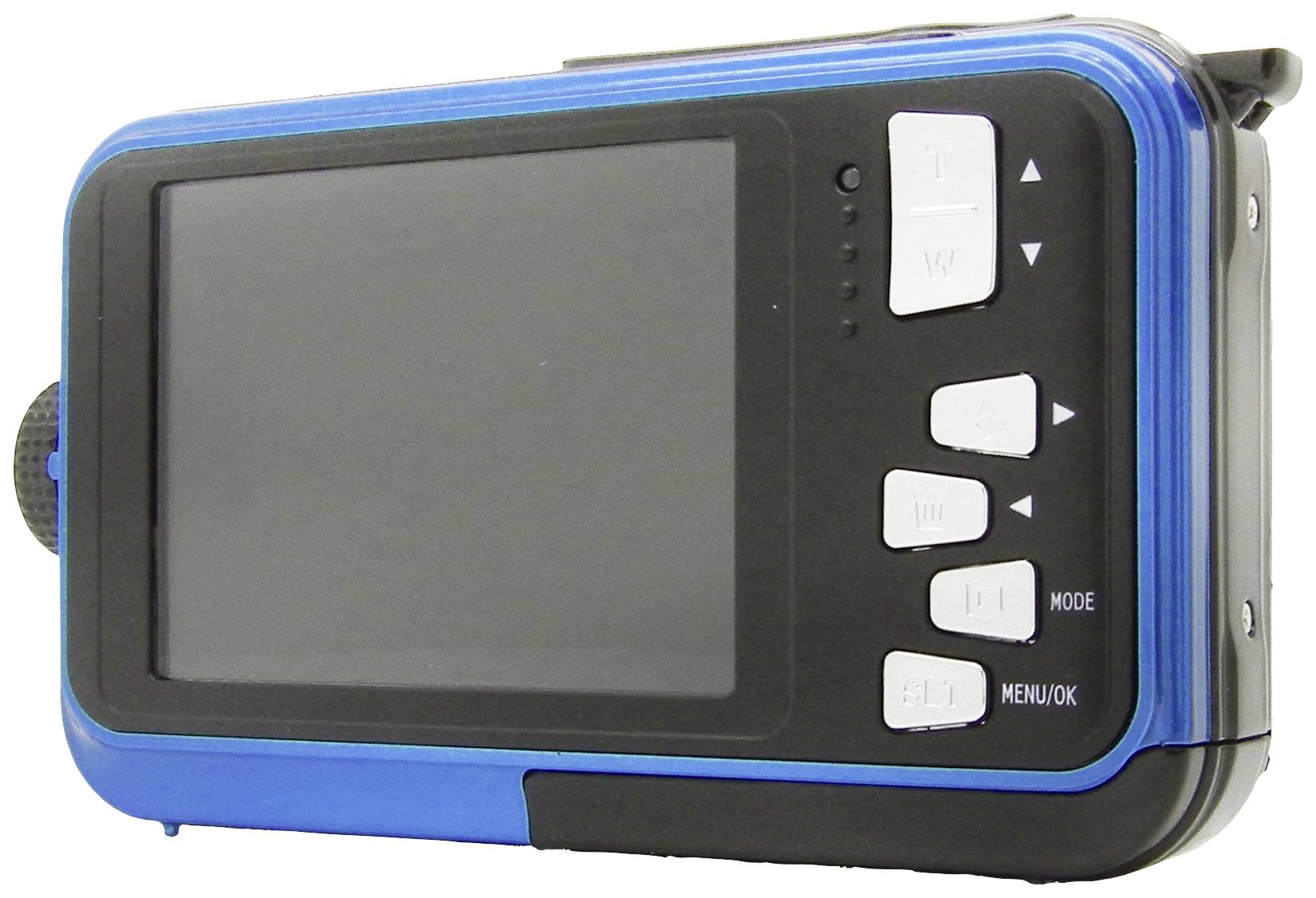 Modra digitalna kamera z velikim zaslonom in več kontrolnimi tipkami na desni strani.
