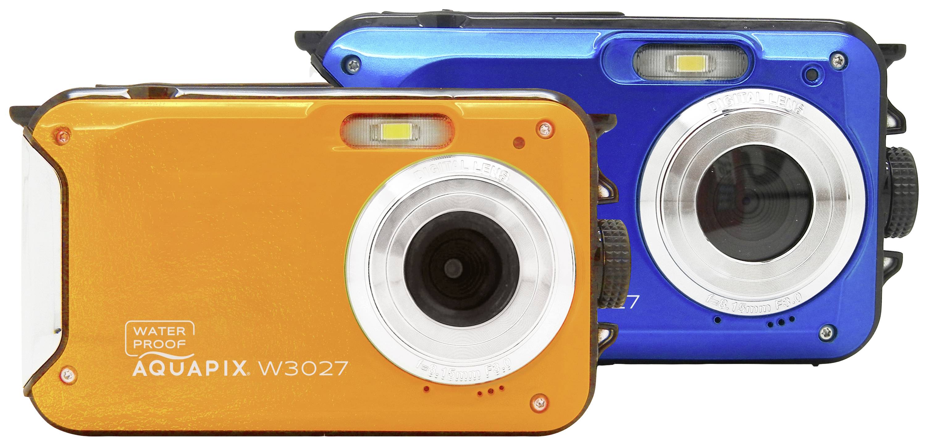Dve vodoodporni kameri, ena oranžna in ena modra, model 'AQUAPIX W3027', ležita druga ob drugi. Idealni za podvodno fotografijo.