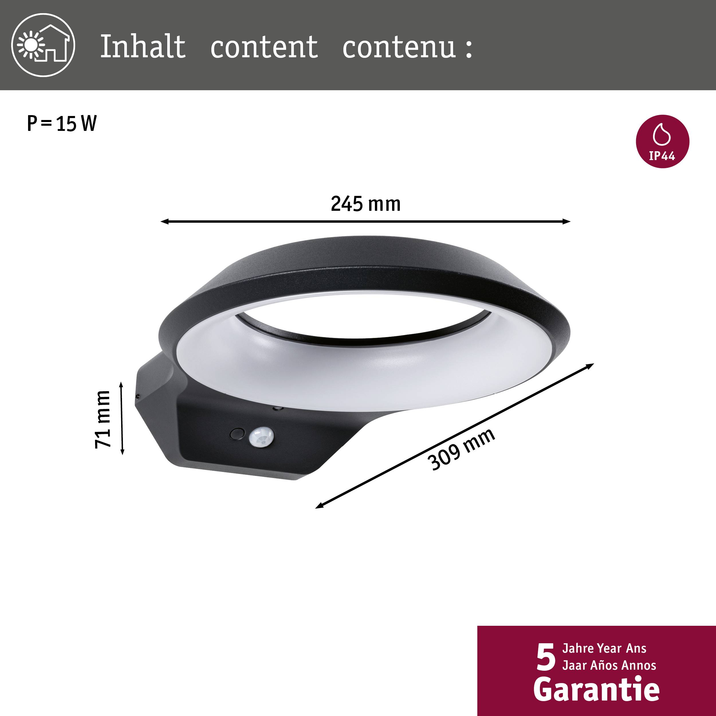 Vgradna LED svetilka, 15 W, premer: 245 mm, dolžina: 309 mm, višina: 71 mm, zaščitna stopnja IP44, 5 let garancije.