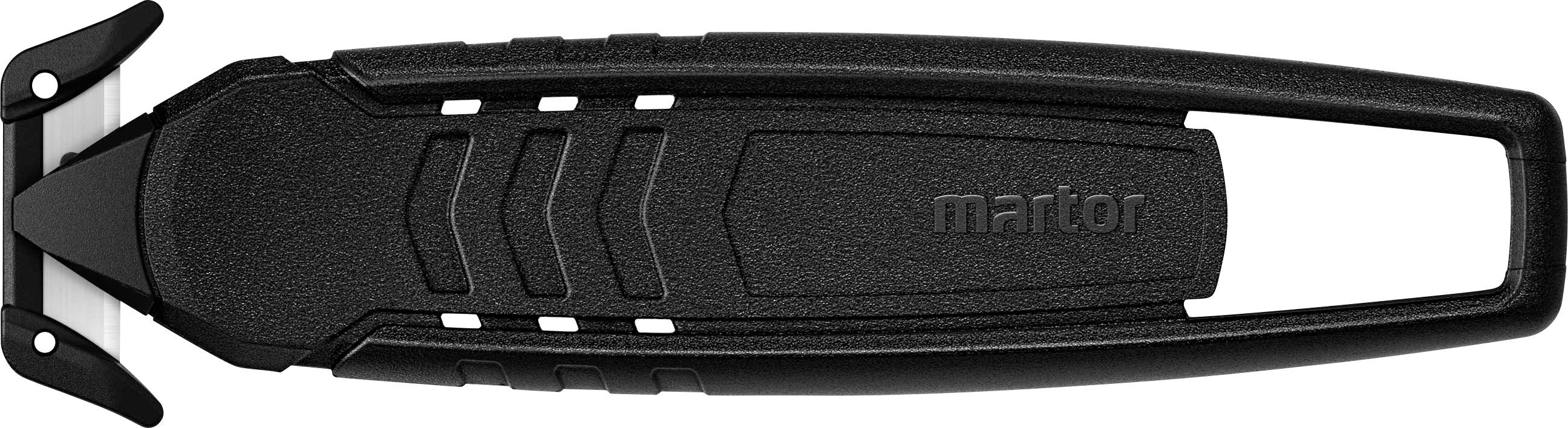 Črn varnostni nož z ergonomskim ročajem in zaščito rezila.