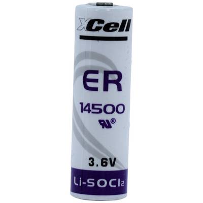 Bela XCell ER14500 baterija z vijolično pisavo in oznakami. Napetost: 3,6 V. Tip: Li-SOCl2.