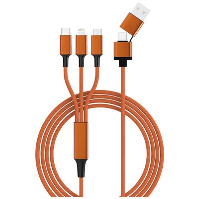 Oranžen večnamenski polnilni kabel z USB priključkom in štirimi različnimi vtiči: USB-C, Lightning, Micro-USB in Mini-USB.
