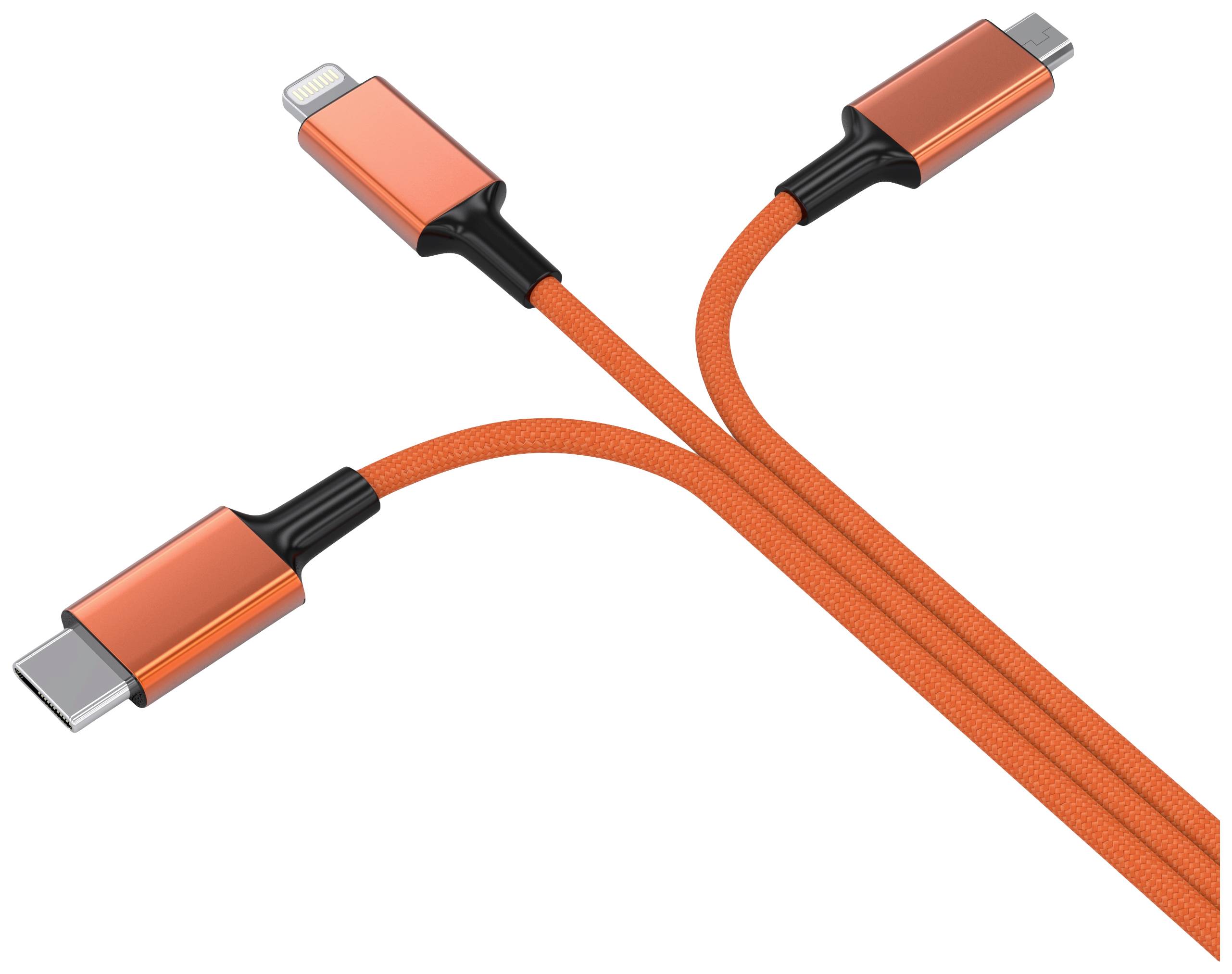 Trojni polnilni kabel v oranžni barvi s priključki USB-C, Lightning in Micro-USB.