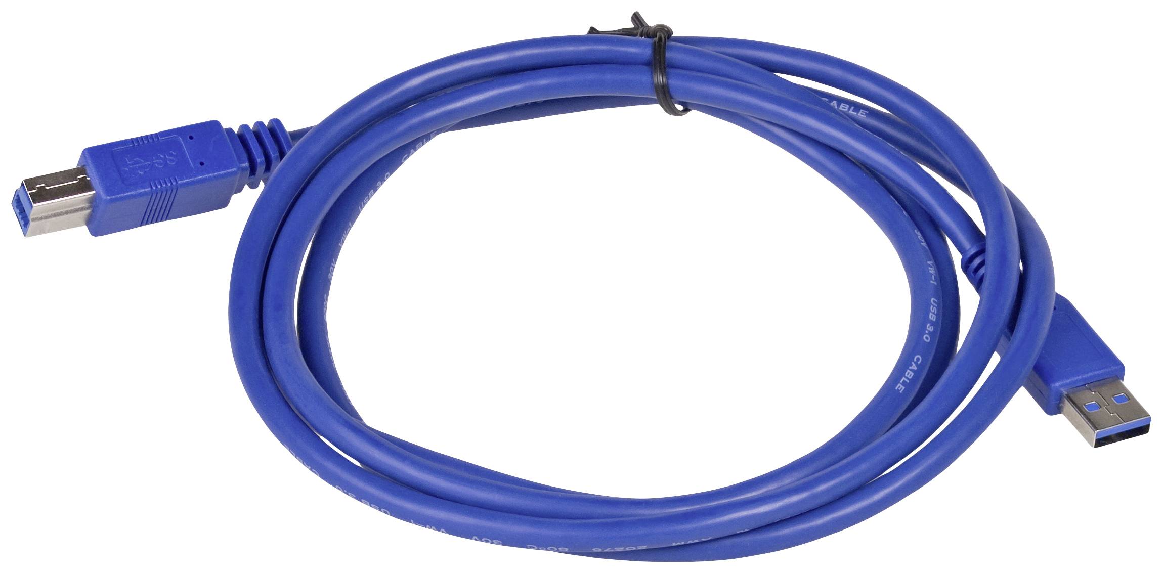 Modro USB-kabel, oba konca vidna, eden s priključkom USB-A in drugi s priključkom USB-B. Za računalniške povezave.