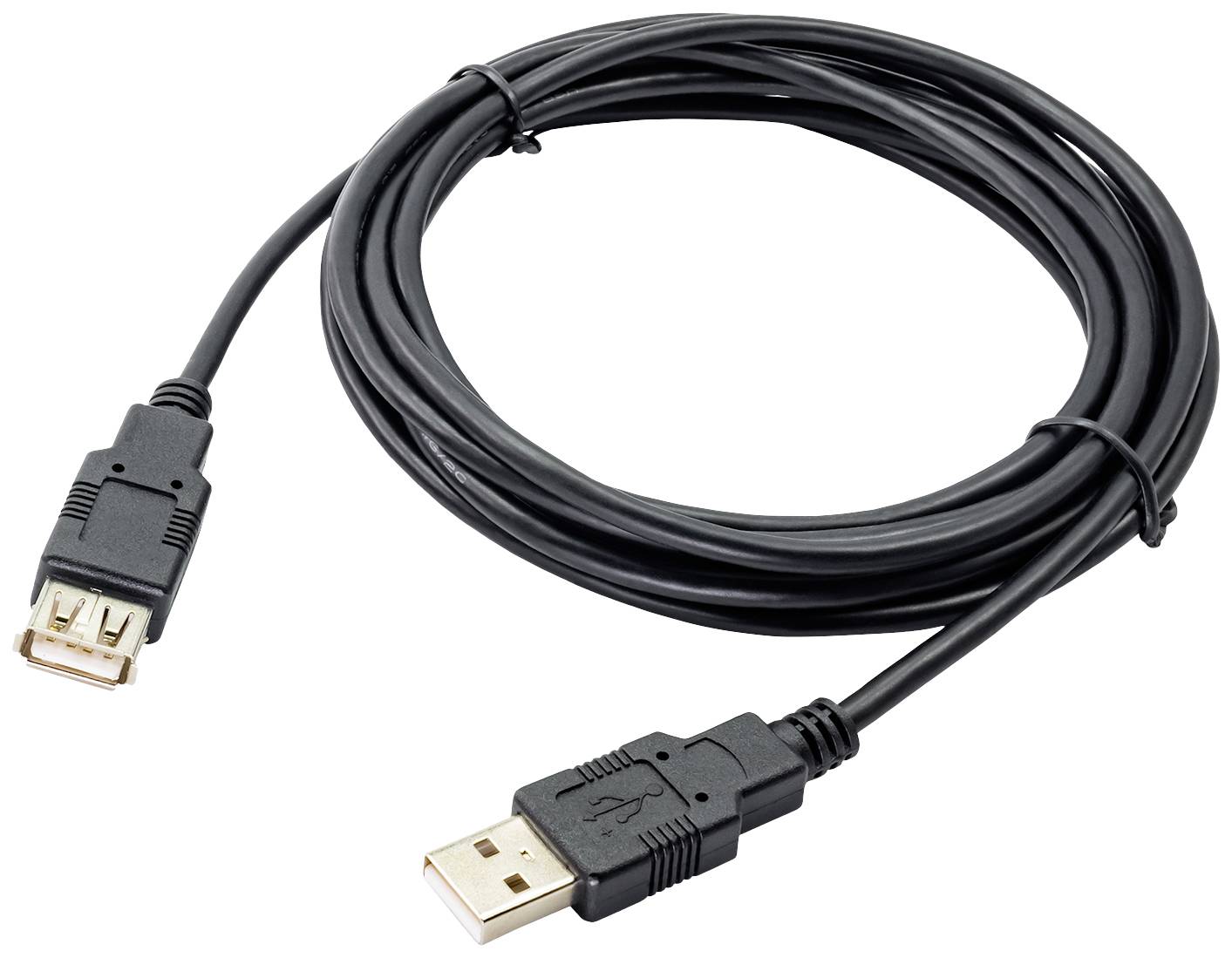 Črn USB podaljševalni kabel s priključkoma na obeh koncih, en moški in en ženski.