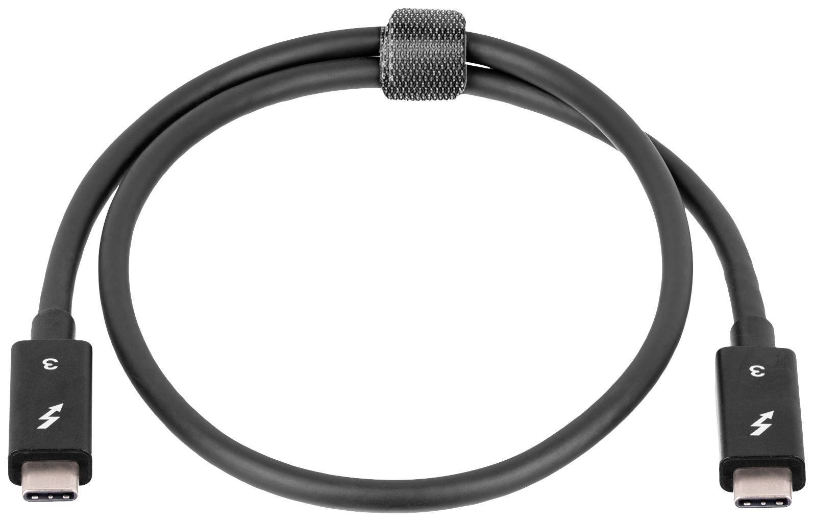Črn Thunderbolt 3 kabel z USB-C priključki na obeh koncih, ki omogoča brezžičen prenos podatkov in polnjenje.