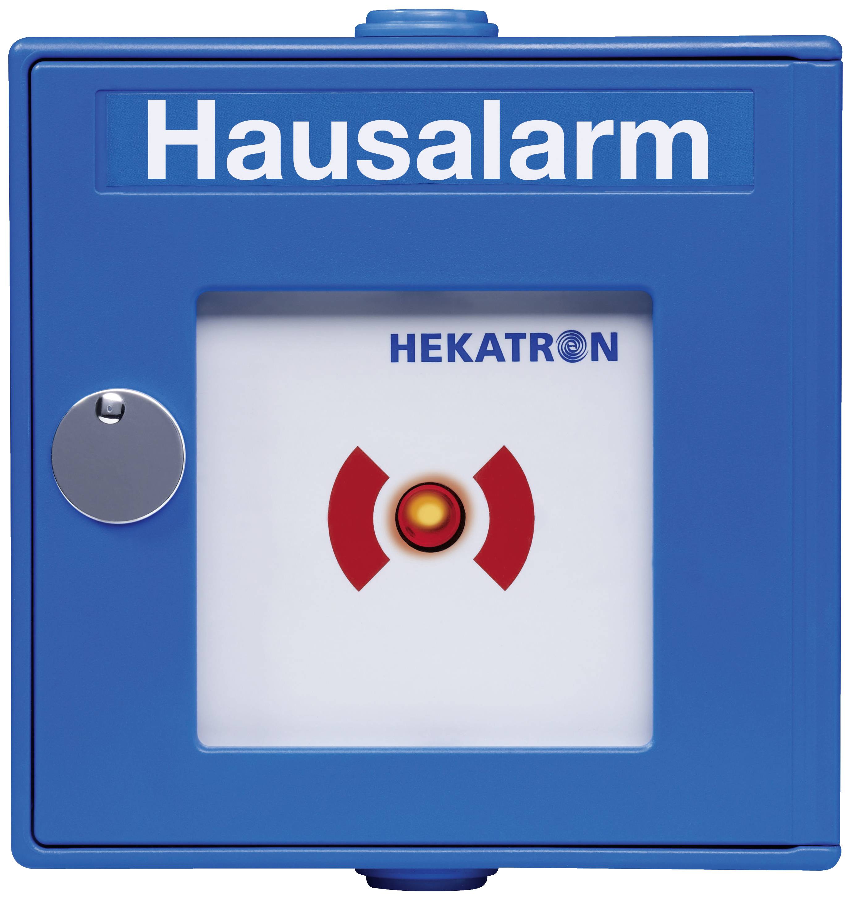 Modra tipka za hišni alarm z rdečim simbolom alarma na sredini, odprtina za ključ levo.