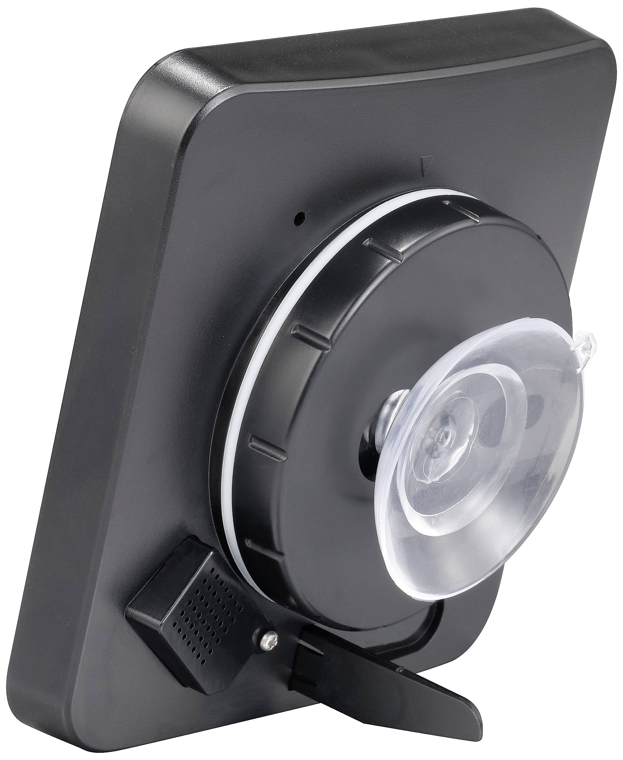 Zadnja stran elektronske naprave z ventuzno pritrditvijo, verjetno GPS navigacijska naprava za avtomobile.