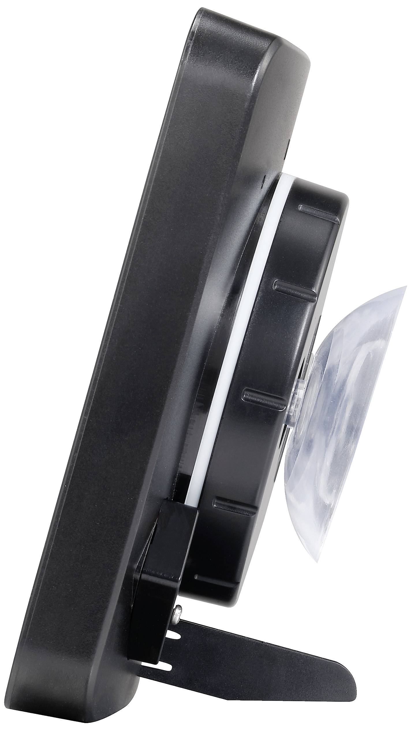 'Pogled s stranske perspektive črnega, ploščatega kroga s sesalno sponko zadaj in podporo spodaj.'