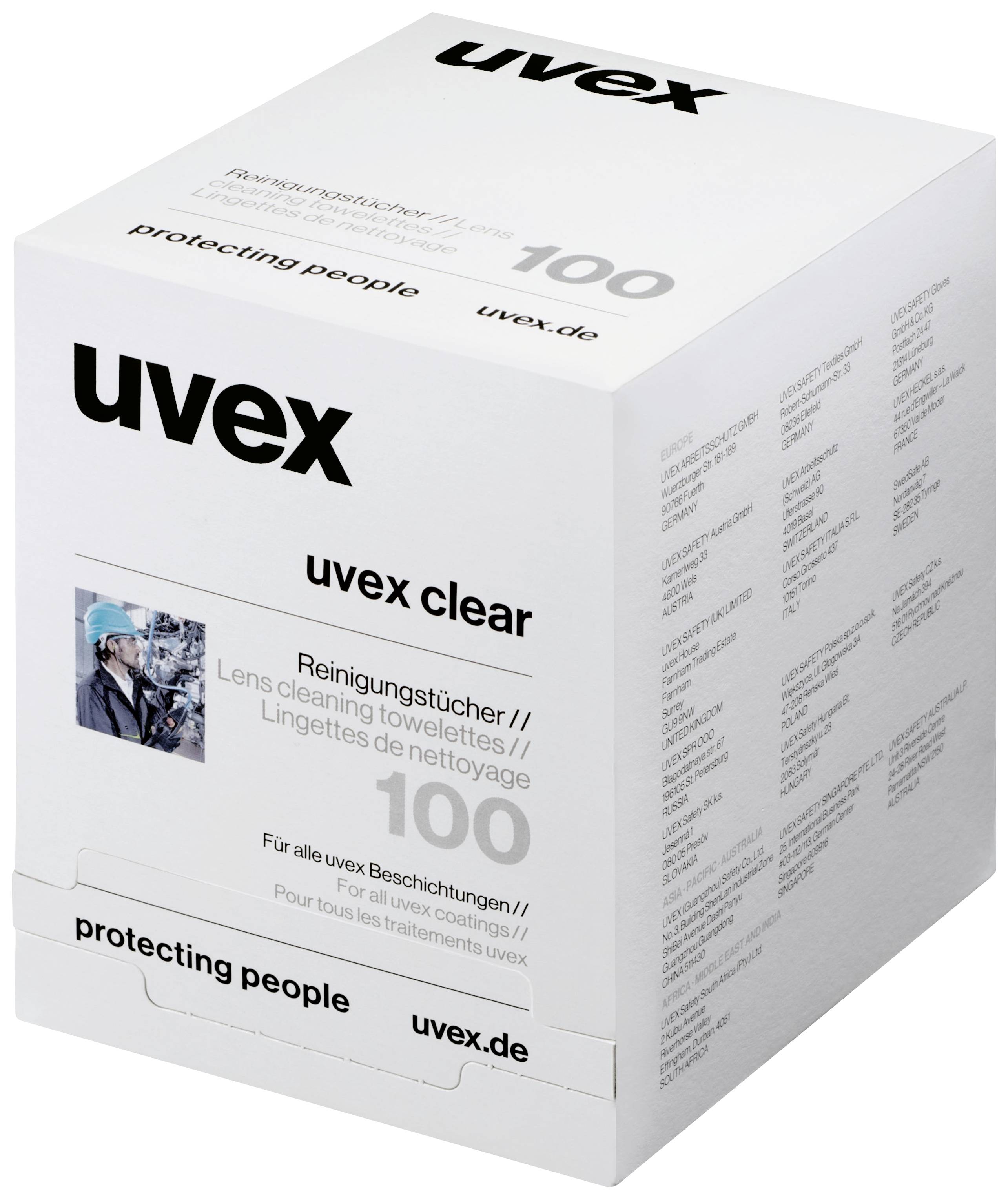 Pakiranje čistilnih robčkov 'uvex clear' za očala, 100 kosov. Vsebuje blagovno znamko in spletno stran 'uvex.de'.