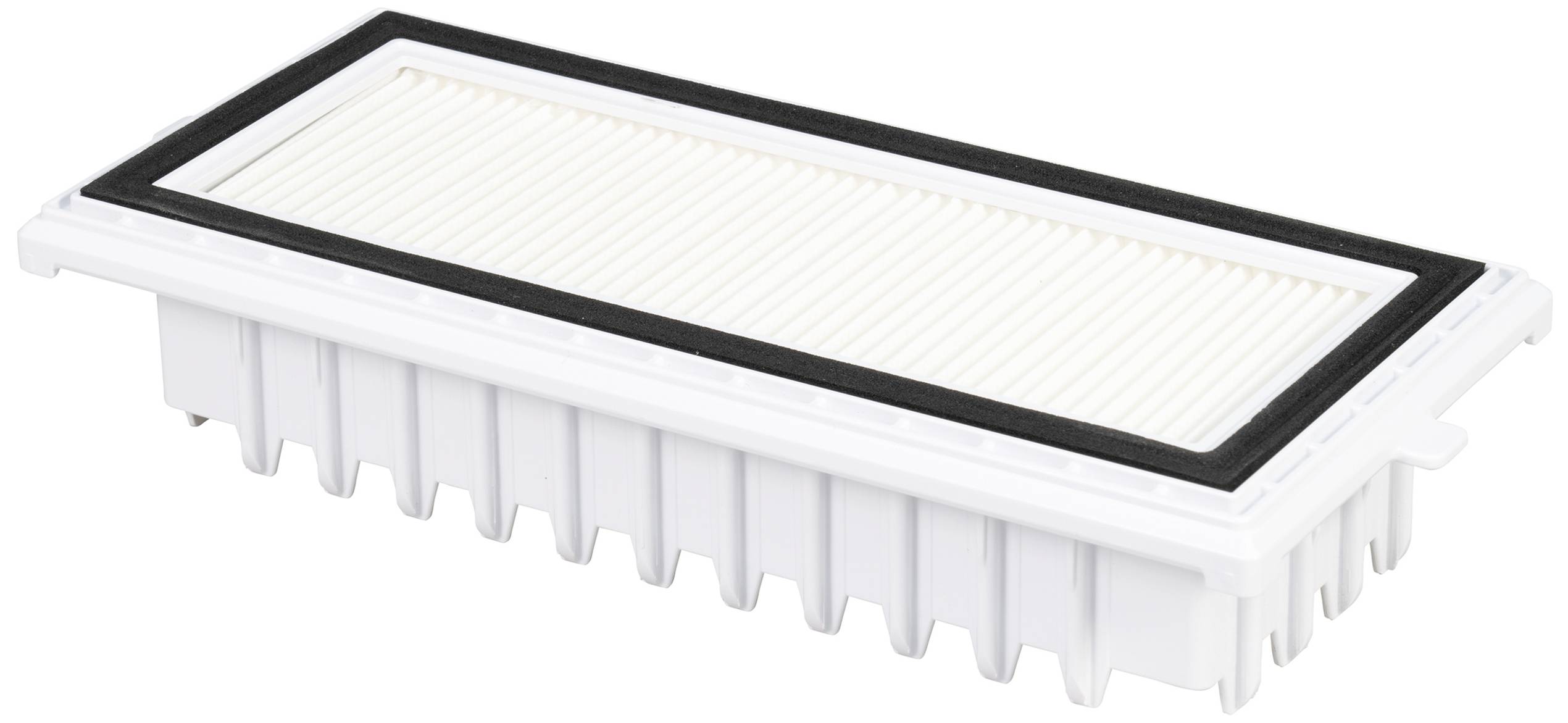Pravokoten HEPA filter s črnim okvirjem in belimi gubi za čiščenje zraka.