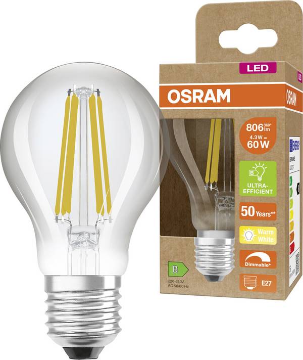 OSRAM HOMELIGHTING 4099854067112 LED EEK B (A - G) E27 oblika bata 4.3 W = 60 W toplo bela (Ø x V) 60 mm x 60 mm zatemnilna 1 kos