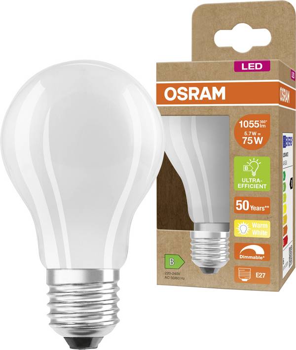 OSRAM HOMELIGHTING 4099854065637 LED EEK B (A - G) E27 oblika bata 5.7 W = 75 W toplo bela (Ø x V) 60 mm x 60 mm zatemnilna 1 kos