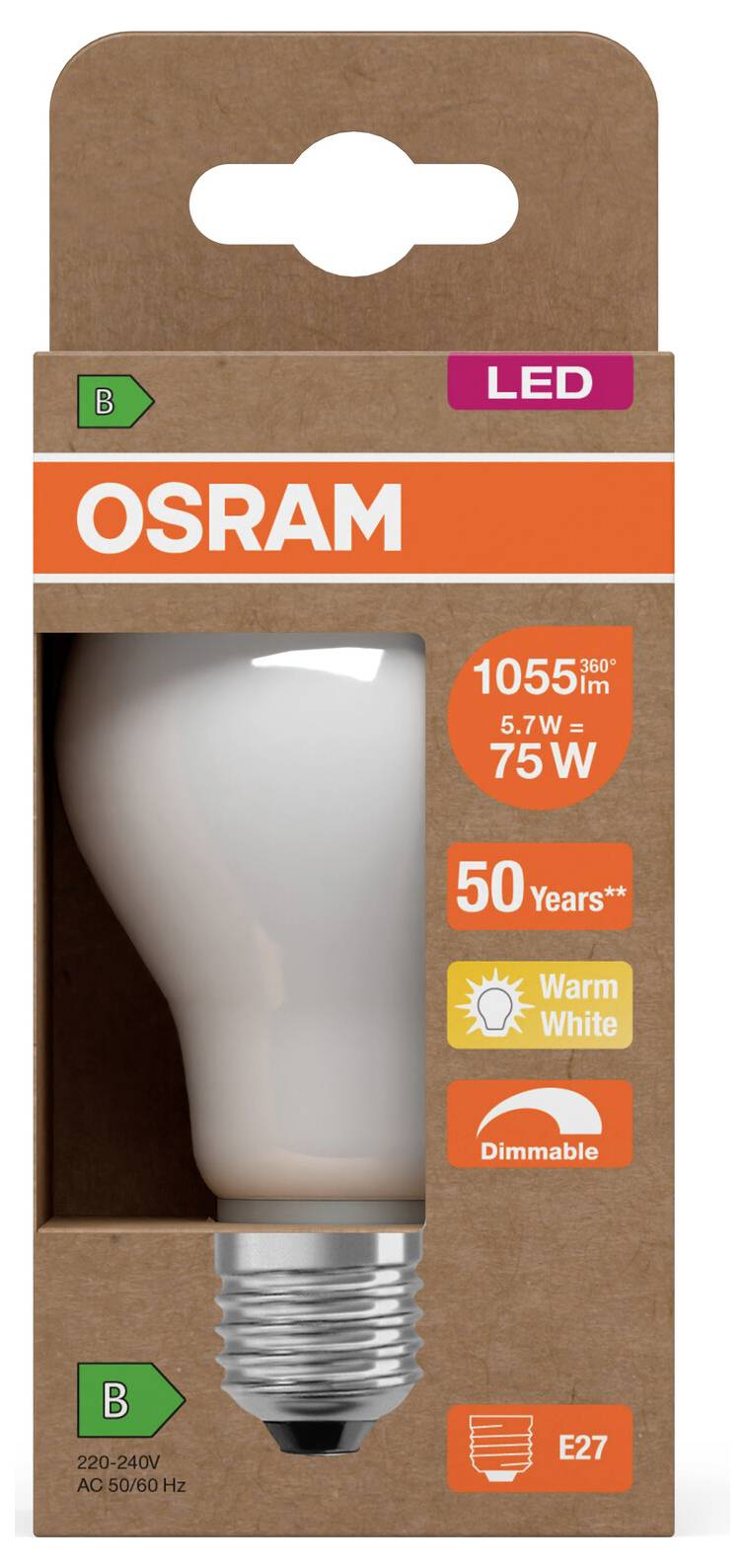 OSRAM LED žarnica, podnožje E27, topla bela, zatemnljiva, 5,7 W ekvivalent 75 W, z nazivom 1055 lumnov in 50.000 ur, energijski razred B.