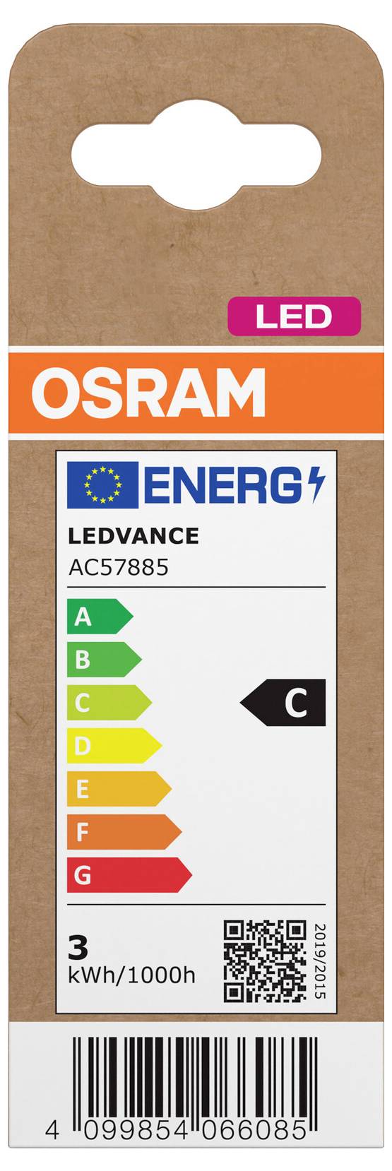 OSRAM LEDVANCE žarnica s paketom z energetsko oznako EU, energetski razred C, 3 kWh/1000h in črtna koda.