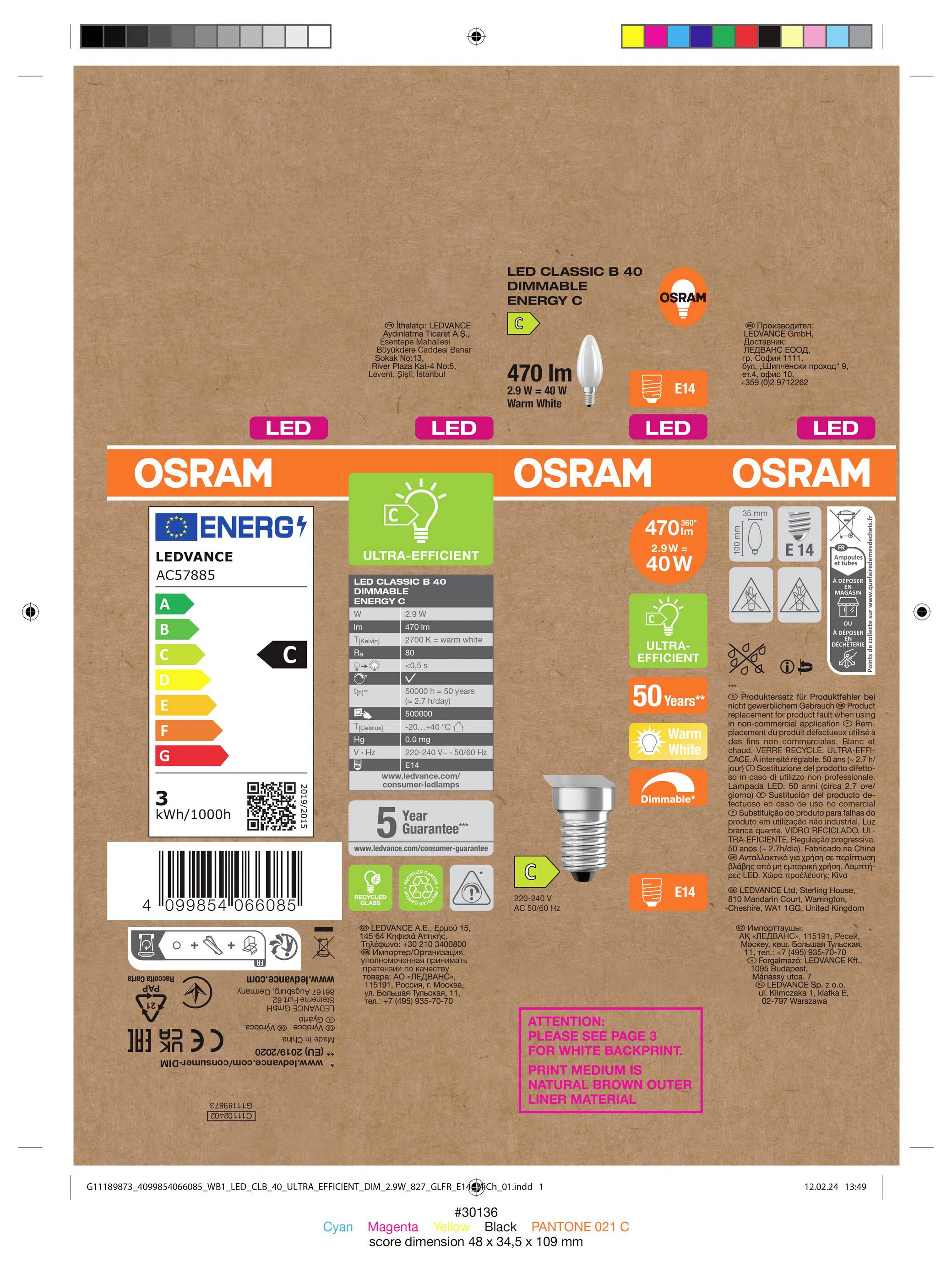 Paket Osram LED klasičnih A60 zatemnljivih energijsko učinkovitih svetlobnih sijalk s podatkovnim in učinkovitostnimi nalepkami, z vključenim 470 lm in 4 W