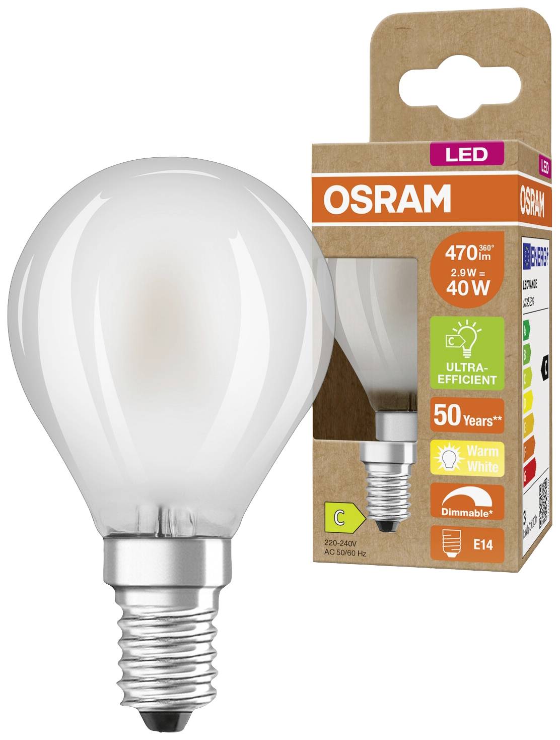 LED-žarnica znamke OSRAM, 470 lumnov, 2,9 W ustreza 40 W, toplo bela, zatemnljiva, podnožje E14, ultra učinkovita, 50 let življenjske dobe.