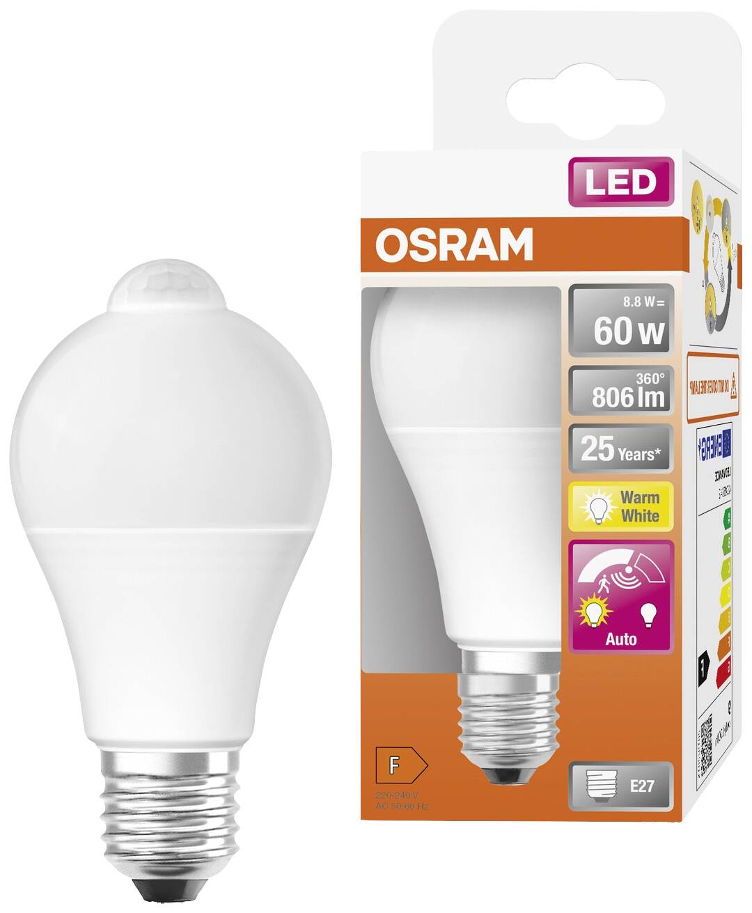 OSRAM LED žarnica in njena embalaža. Žarnica je bela, energetsko učinkovita in ima vgrajen senzor gibanja.