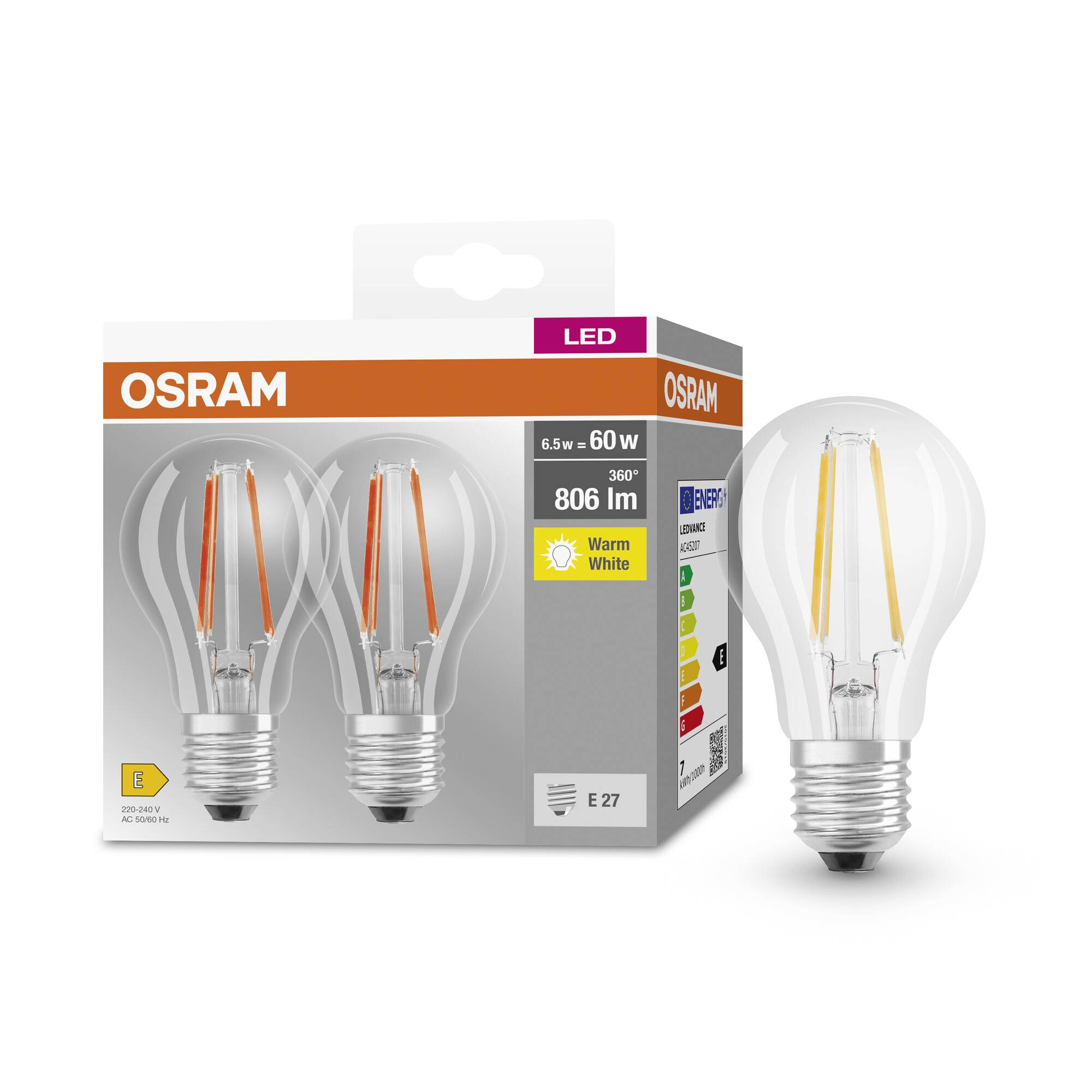 LED-žarnica in njena embalaža znamke OSRAM. E27, 6,5 W, 806 lm, toplo bela, energetsko učinkovita.