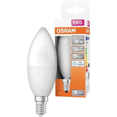 OSRAM LED sveča v beli barvi s pakiranjem, označena kot ekvivalent 60W, 800 lm, 15 let, hladna dnevna svetloba, E14 nastavek.