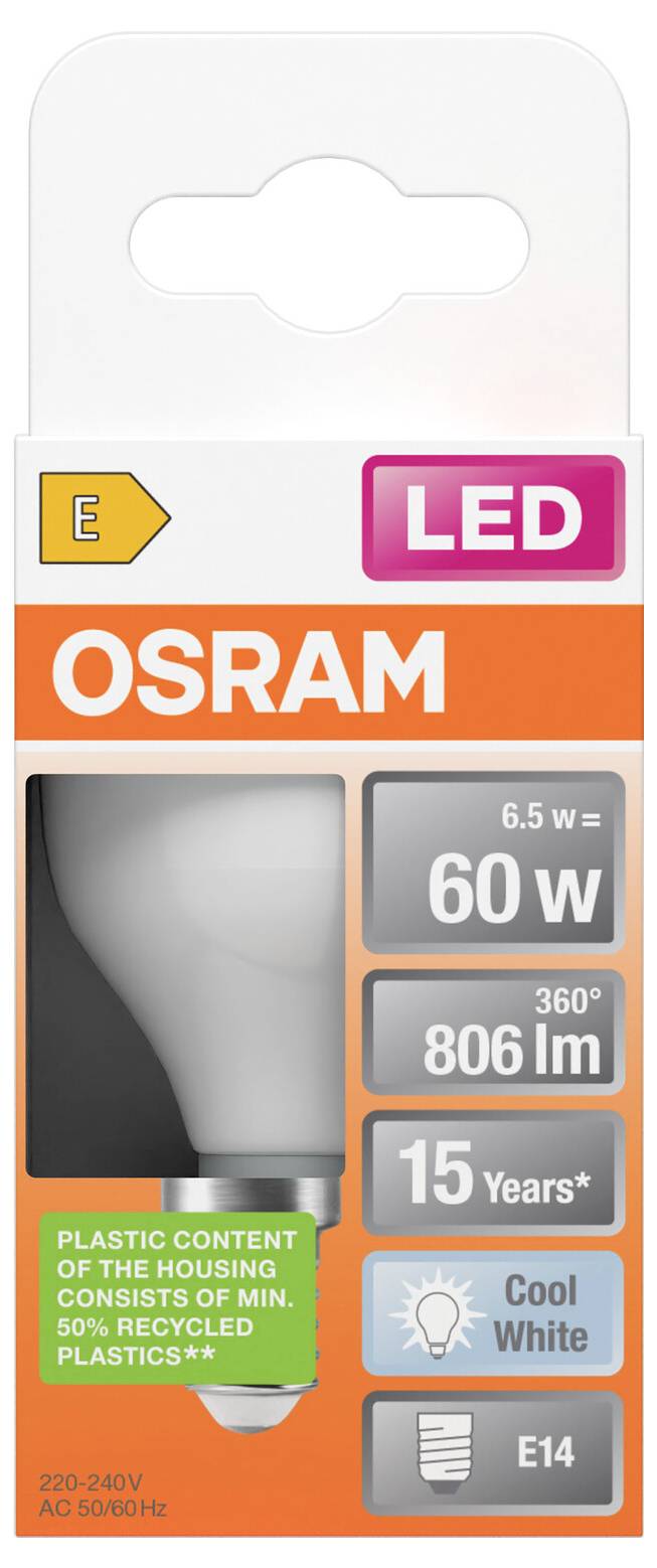 OSRAM LED svetilka v embalaži z označbo 60W enakovrednih, 806 lm, 360° žarek, podnožje E14, 6,5W, hladna bela barva in 15-letna življenjska doba.
