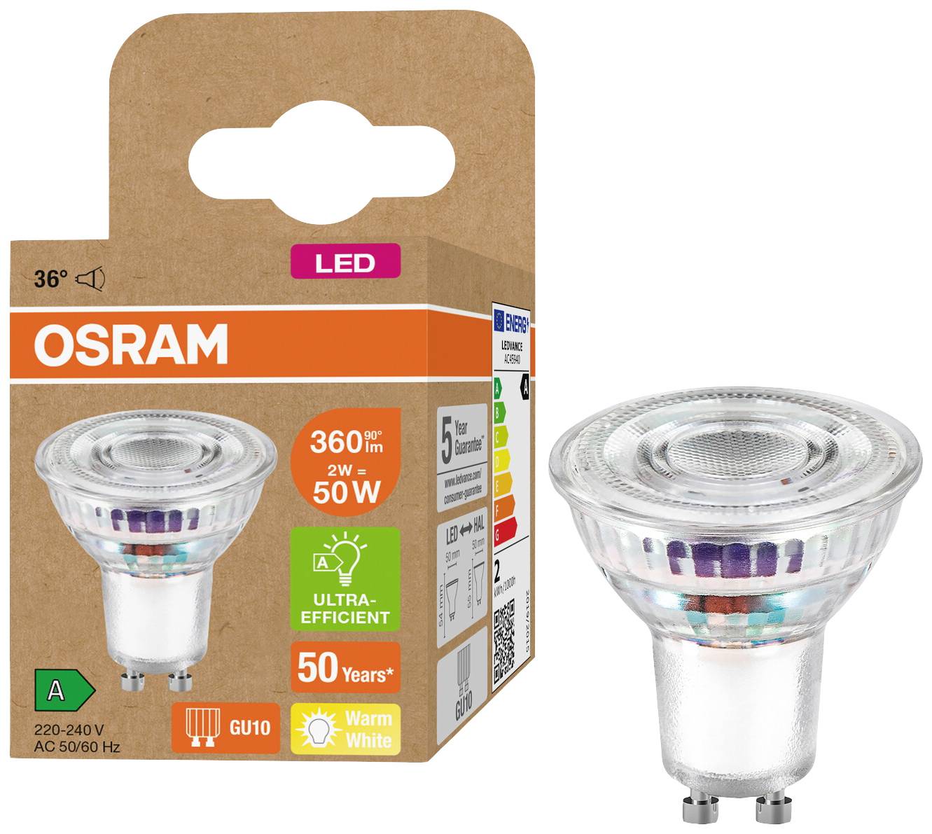 OSRAM LED žarnica in njena embalaža. Žarnica je energetsko učinkovita, 2W ustreza 50W, toplo bela svetloba, vtičnica GU10.
