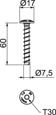 Tehnična risba vijaka z merami: dolžina 60 mm, širina glave 17 mm, premer stebla 7,5 mm. Pogon Torx T30.