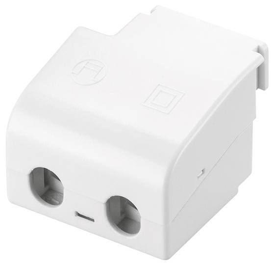 Bel električni priključek z dvema krožnima priključkoma na eni strani, zasnovan za varne električne povezave.