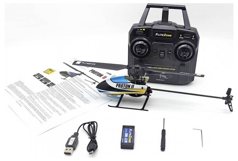 Komplet daljinsko vodljivega helikopterja s krmilnikom, navodili, USB-polnilnim kablom, baterijo, izvijačem in imbus ključem. Idealen za navdušence modelarstva.