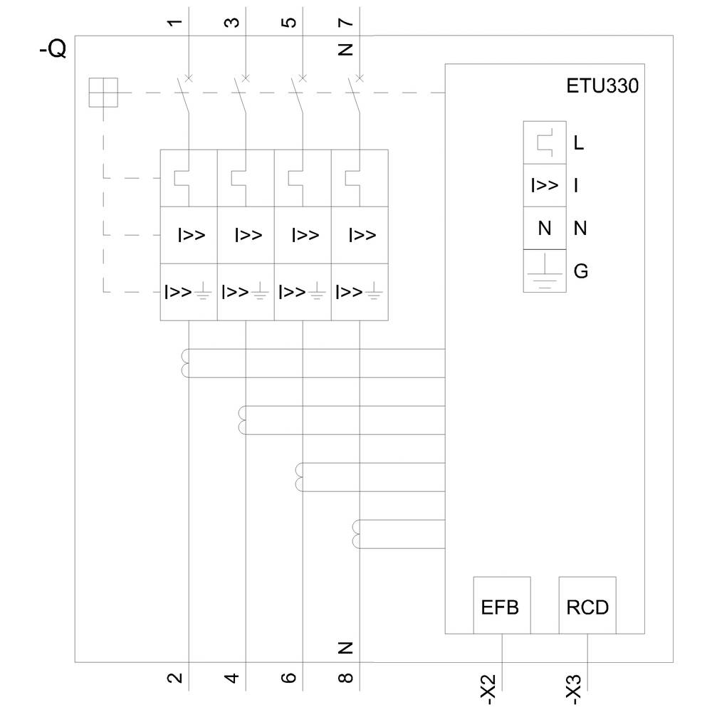Električna shema sistema s štirimi varovalkami in enoto ETU330. Vidne so spojne točke in oznake L, N, G.