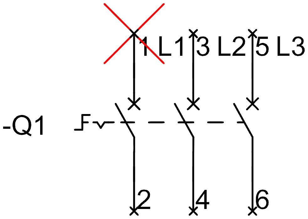'Električna shema z X-oznako na L1; priključne točke z L2 in L3. Prikazane so povezave do Q1, F ter ciljev 2, 4, 6.'