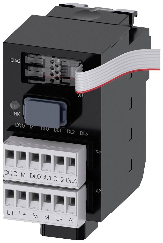 Črni električni modul z več priključki in ploščatim kablom. Ima oznake "Di0", "Do.0", "Di.1" itd.