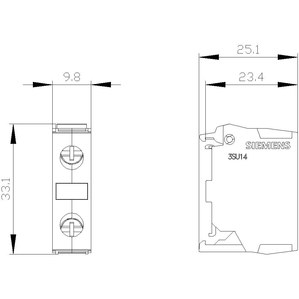 Tehnična risba Siemensovega stikala, prikazuje mere 33,1 mm višine, 9,8 mm širine in 25,1 mm globine.