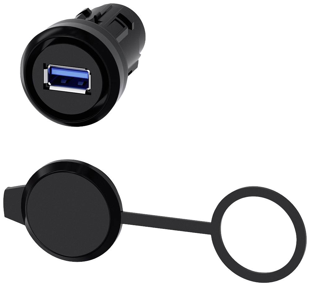 Vgradna USB vtičnica s črnim zaščitnim pokrovčkom. USB priključek za prenos podatkov ali polnjenje, pokrov za zaščito pred prahom.