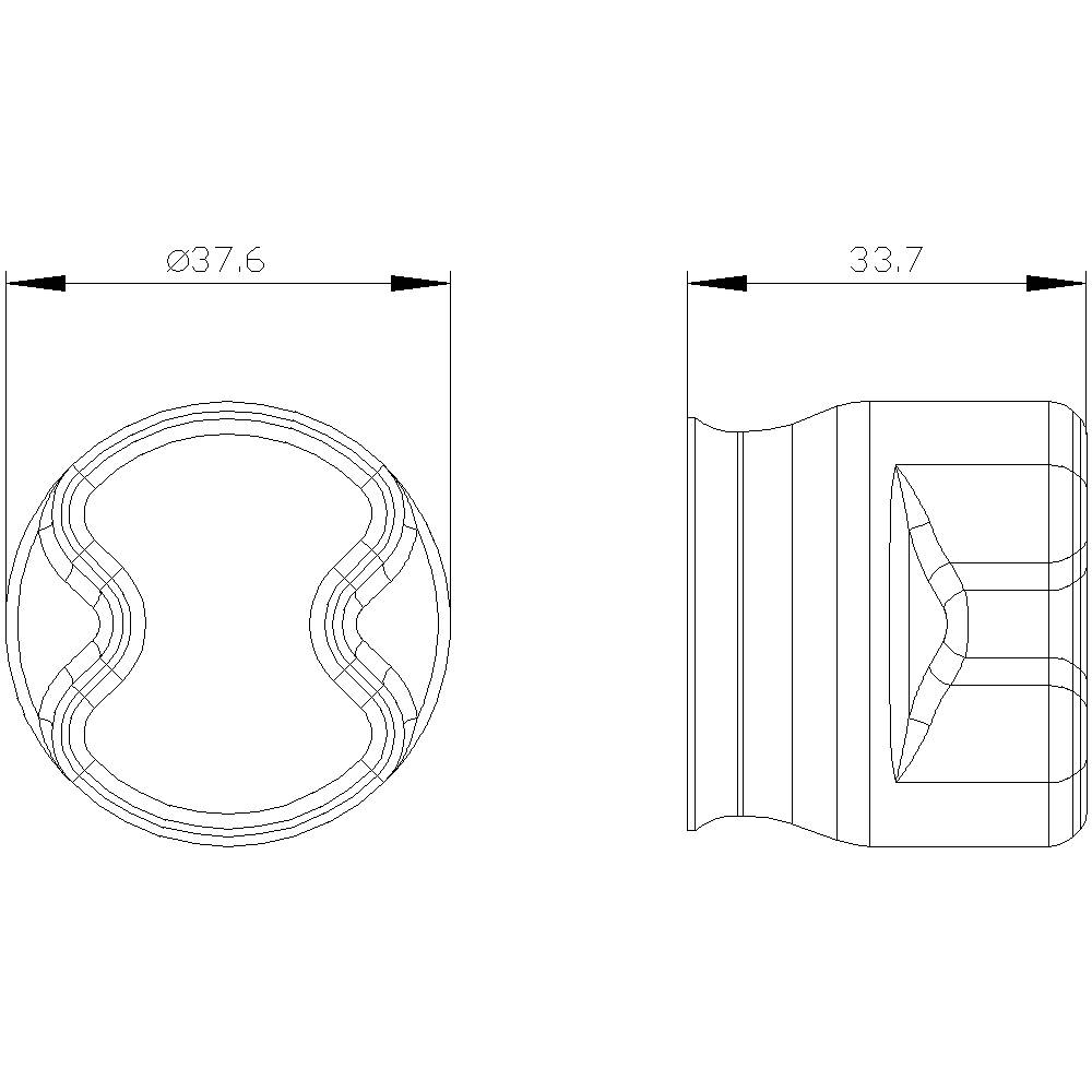 Dimenzijska risba cilindričnega predmeta s prečnim prerezom. Premer 37,6 mm, dolžina 33,7 mm. Prikaz prikazuje dva pogleda.