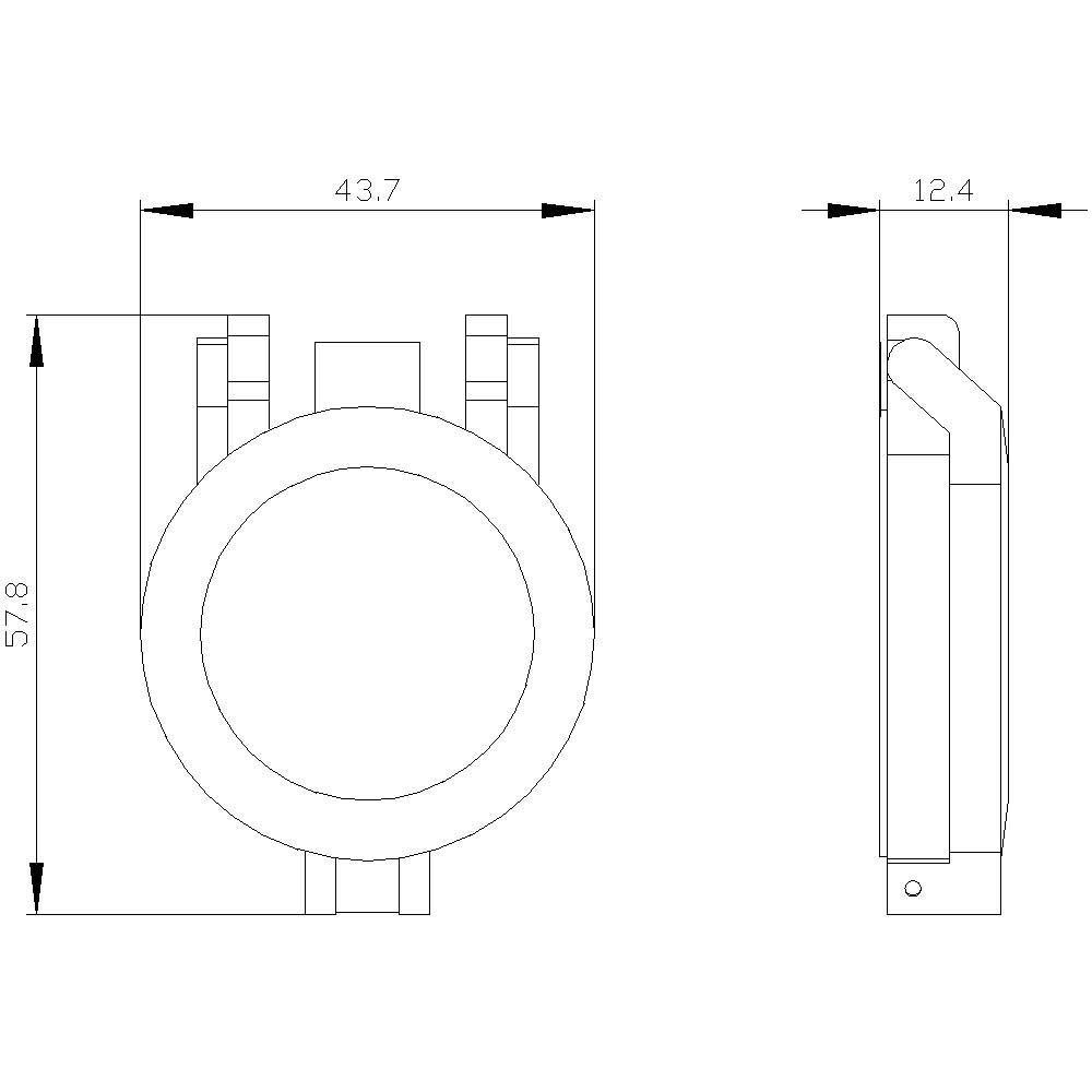 Tehnična risba okroglega dela z dimenzijami 57,8 mm višine in 43,7 mm širine. Stranski pogled prikazuje globino 12,4 mm.