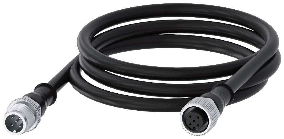 Črn, spiralast kabel z dvema okroglima vtičema na konceh, eden s štirimi izhodi in drugi s štirimi odprtinami.