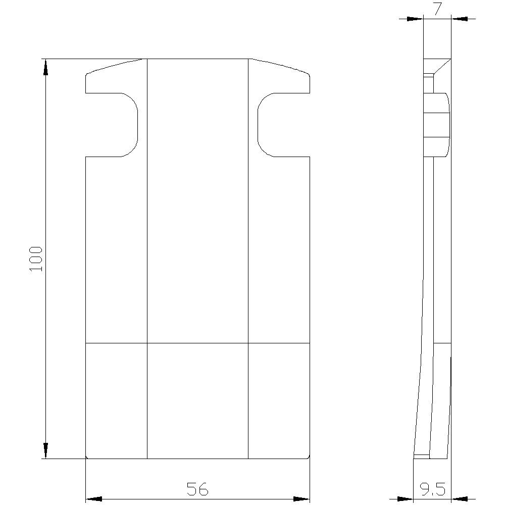 Tehnična risba cilindričnega dela z dimenzijami: višina 100 mm, širina 56 mm, globina 9,5 mm, stranski pogled z detajli.