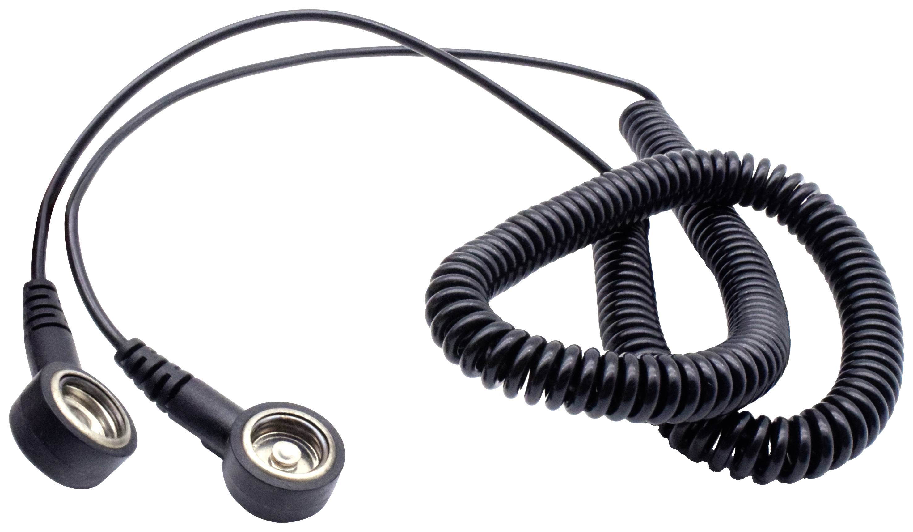 Črn spiralni kabel z dvema ploščatima, okroglima priključkoma na konceh, pogosto uporabljen v medicinskih napravah.