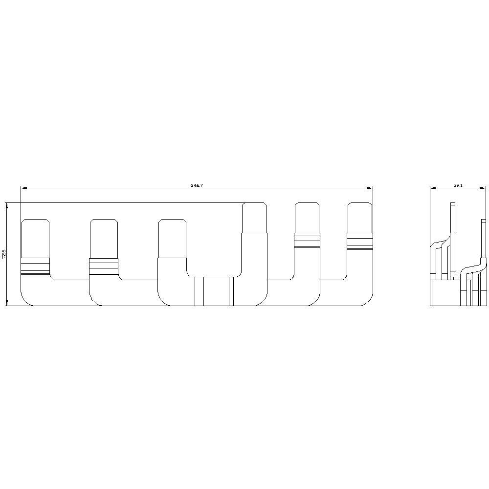 Tehnični diagram prikazuje sprednji in stranski pogled cevi z več upogib, mere pa so 364,7 mm dolžine in 236 mm višine.