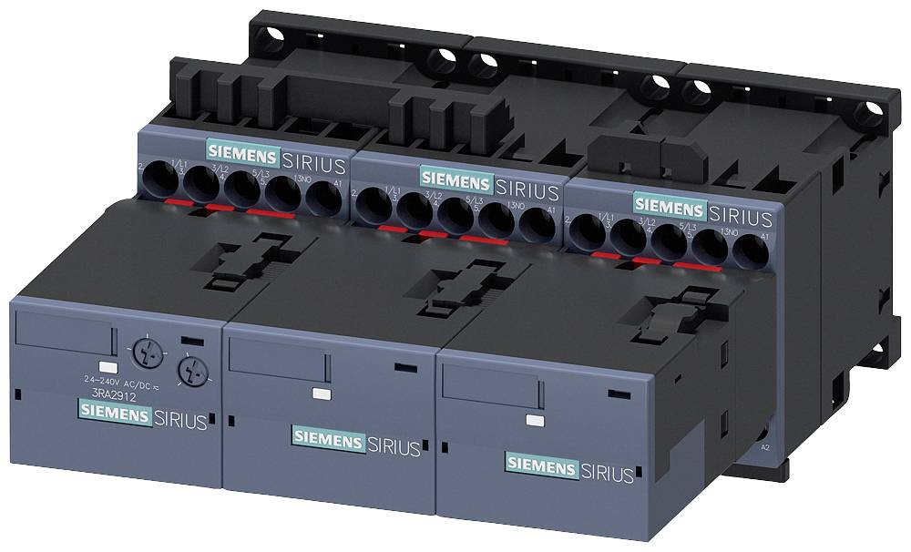 Električni kontaktor Siemens iz serije SIRIUS, sestavljen iz več črnih modulov z zelenimi Siemens logotipi.