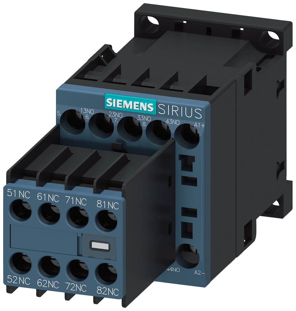 Siemensov kontaktorski modul iz serije Sirius, primeren za uporabo v stikalnih omaricah za krmiljenje električnih strojev.